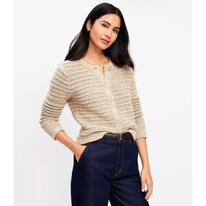 LOFT XS Textured Knit Cardigan Gold Medallion Buttons Old Money Preppy Women's